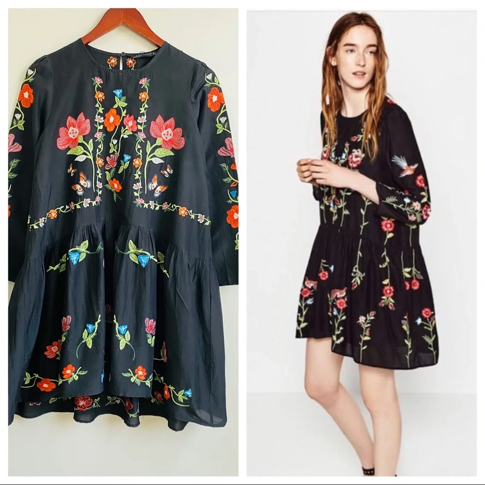 Zara floral embroidery shift dress in black color - Picture 1 of 10